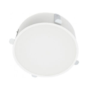 A photo showing a white Dartford recessed architectural circular drum LED luminaire showing the flush opal diffuser, fabricated steel body, and side ceiling retaining brackets.