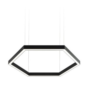 Image of the suspended Hexx light. A hexagon shaped stand alone light fixture.