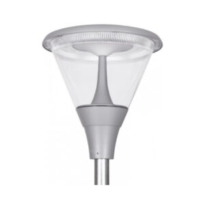 A photo showing a grey Sirius contemporary exterior post-top LED lantern featuring a clear conical diffuser and internal optical column.