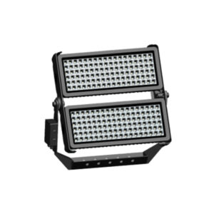 A photo showing the black Spectrum dual-module high-power LED floodlight with adjustable mounting bracket and multi-lens optical array for large-area industrial illumination.