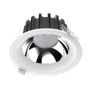 Photo of a crescent downlighter with a die-cast aluminium body and bezel.