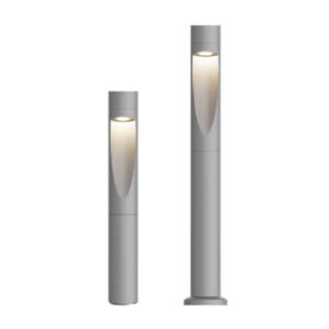 A photo of the Harrow bollard lights in two different heights, one with flange mount, one for root mounting. Extruded aluminium body and glass diffuser.