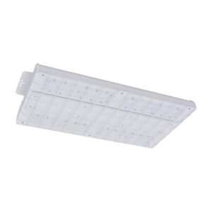 A phot of a white Ardent industrial LED high bay luminaire with an integrated protective wire guard grille and multi-lens optical array for warehouse and factory lighting.