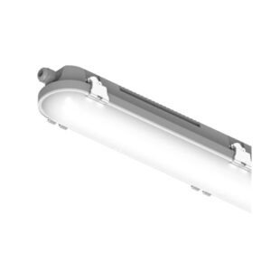 A phot showing a Arrow linear vapour-proof IP65 LED fitting with an impact-resistant grey polycarbonate body.