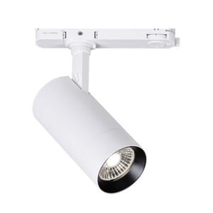 White Avon commercial adjustable LED track spotlight with an integrated 3-phase track adapter and a open multi-faceted reflector.