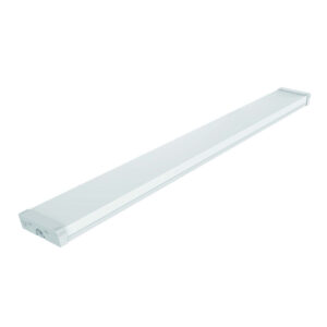 A photo showing a white Borough surface-mounted linear LED batten light with a low-profile architectural chassis and flush opal diffuser.