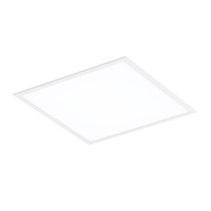 A phot of a white Delta square recessed commercial office LED ceiling panel light with a slim seamless frame and flush opal diffuser.