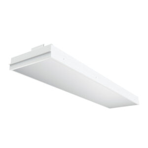 A photo of a white Delta SAS recessed linear LED office luminaire with a rectangular metal pan chassis and micro-prismatic diffuser for integration into SAS ceiling systems.