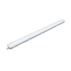 A photo showing a grey Enzo GRP corrosion-resistant industrial IP65 LED batten showing the glass reinforced polyester base, stainless steel retaining clips, and end compression gland.