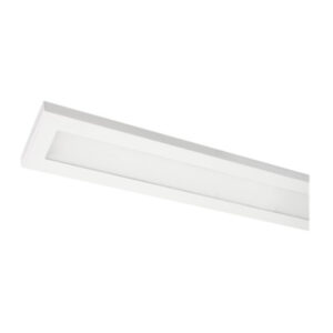 A photo of a white Frazer surface-mounted linear LED luminaire with a clean rectangular architectural frame and flush opal diffuser.