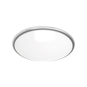 A photo of a white Lancing surface-mounted circular LED bulkhead light with a shallow dome opal diffuser and slim decorative trim.