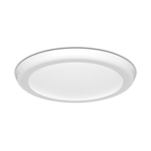 A photo of a Leah surface-mounted circular LED bulkhead light featuring a flat opal diffuser and a decorative bezel trim.