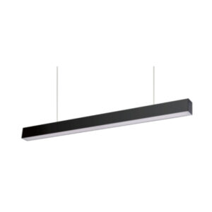 A photo of a matte black LEDline suspended architectural linear LED luminaire with wire suspension cables and a flush continuous opal diffuser.