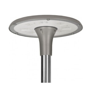 A photo showing a grey RAL9006 Lexden contemporary post-top LED luminaire with a die-cast aluminium housing and glass diffuser.