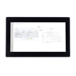 A photo of the LiteMesh local wall panel tablet showing the floor plan layout and location of emergency light fittings and exit signs.