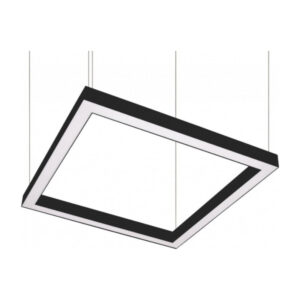 A photo of a matte black Ouse suspended square linear LED pendant light featuring a hollow geometric frame design, slim suspension wires, and an internal border opal diffuser.