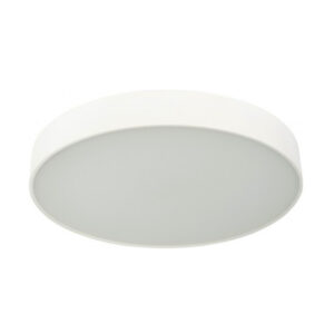 A photo of a white Ribble surface-mounted circular architectural LED downlight with a shallow cylindrical casing and a flat flush opal diffuser.