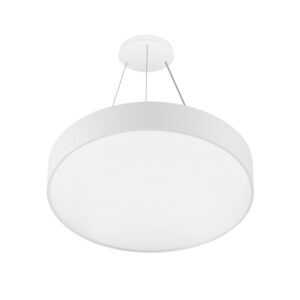 A photo of a white Ribble S suspended circular architectural LED luminaire featuring a low-profile cylindrical drum casing, flat opal diffuser, and integrated wire suspension kit.