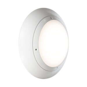 A photo of a white Salus surface-mounted anti-ligature circular LED bulkhead light with a sloped tamper-proof casing and curved opal diffuser for custodial and healthcare facilities.