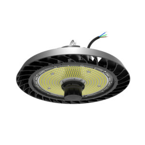 A photo of a black and silver Skyler industrial UFO LED high bay luminaire showing the circular die-cast aluminum heatsink, concentric ring LED array, central sensor node, and top suspension eyelet.
