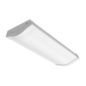 A photo of a white Stamford surface-mounted linear LED bulkhead luminaire with a vaulted opal diffuser and integrated end-cap conduit knockouts.