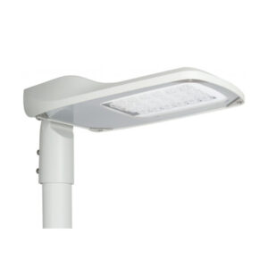 A photo of a white Thurrock column-mounted exterior LED street light lantern with an aerodynamic profile and multi-lens underside optical array.