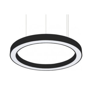 A photo of a matte black Trinity suspended circular halo LED pendant light showing the hollow geometric ring design, wire suspension cables, and seamless inner circular border diffuser.