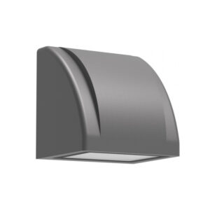 A phot of a grey Vale architectural exterior wall-mounted LED downlight with a curved stepped housing and a flat bottom frosted diffuser.