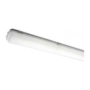 A photo of a grey Ventnor weatherproof linear IP65 LED batten showing the heavy-duty stainless steel retaining clips and curved frosted polycarbonate diffuser.