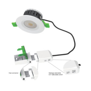 A photo of the Calibre-FRD downlighter with the standard white bezel, showing the complete unit with connections.