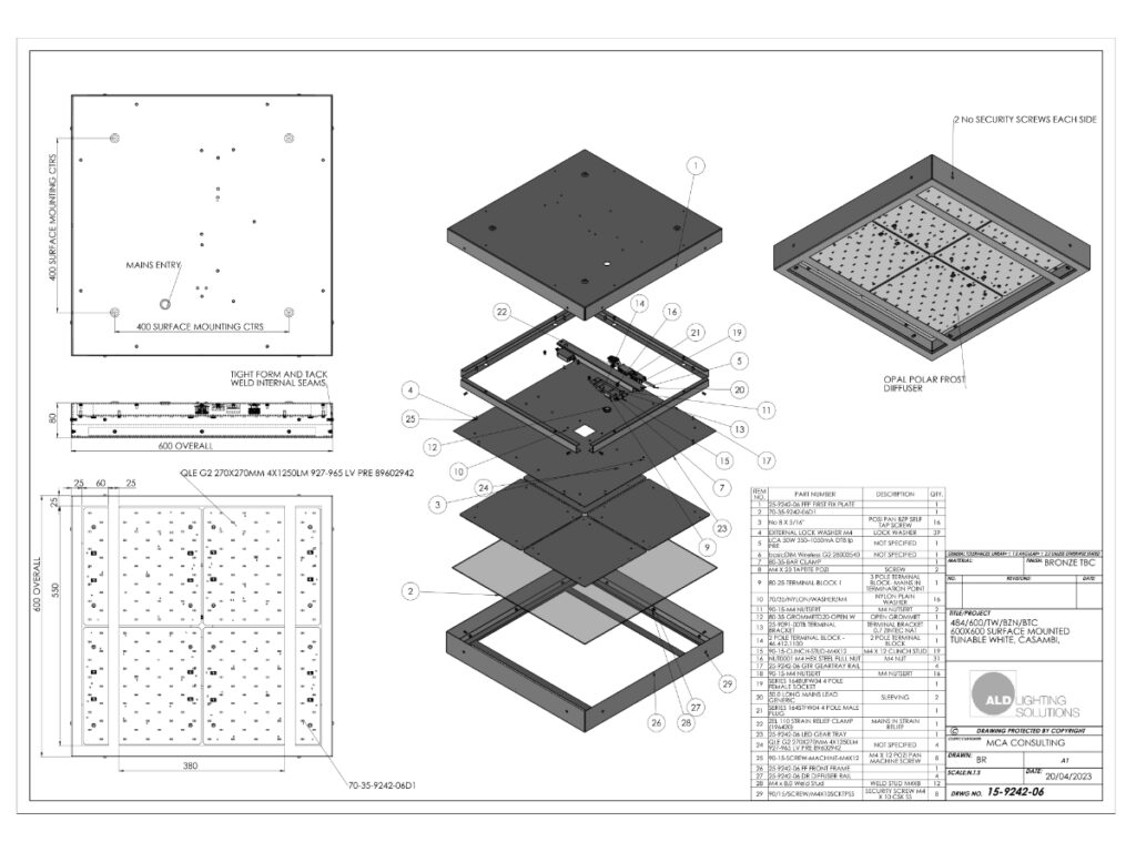 A diagram showing a bespoke lighting product being designed by ALD.