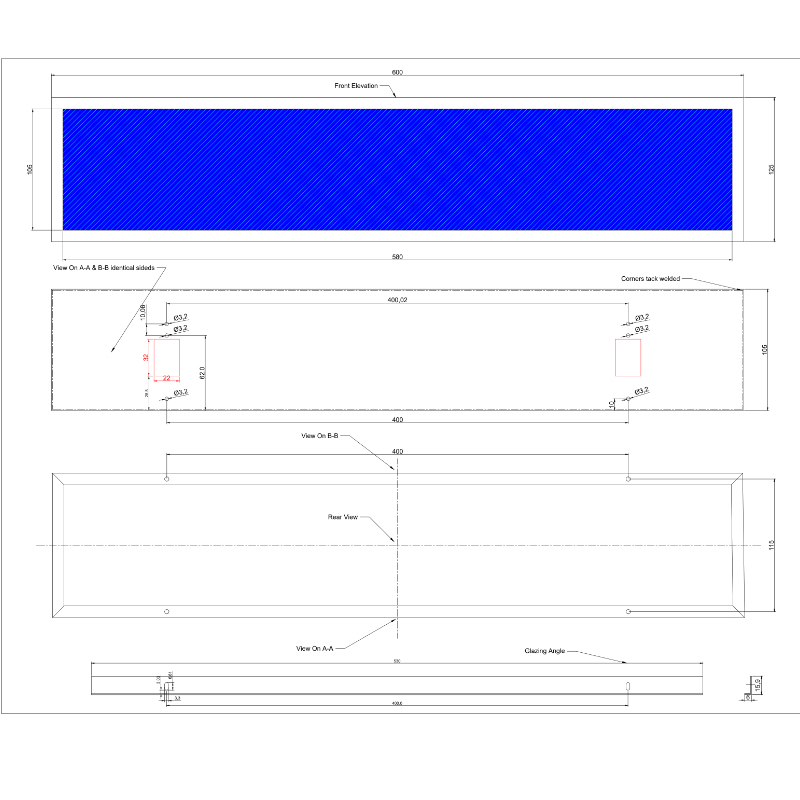 Technical CAD engineering drawing showing front elevation, rear view, and cross-section measurements for a bespoke commercial lighting fixture design.