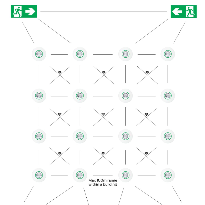 Technical diagram illustrating a scalable wireless smart mesh lighting control network with an emergency exit route layout.