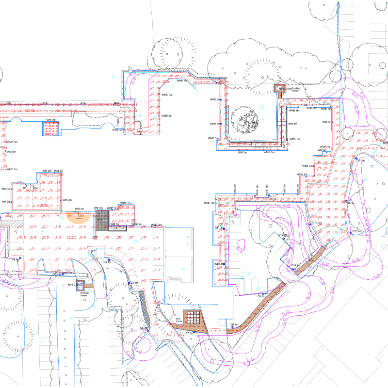 A comprehensive architectural site plan and external lighting scheme design layout featuring lux level calculations and fixture positioning.