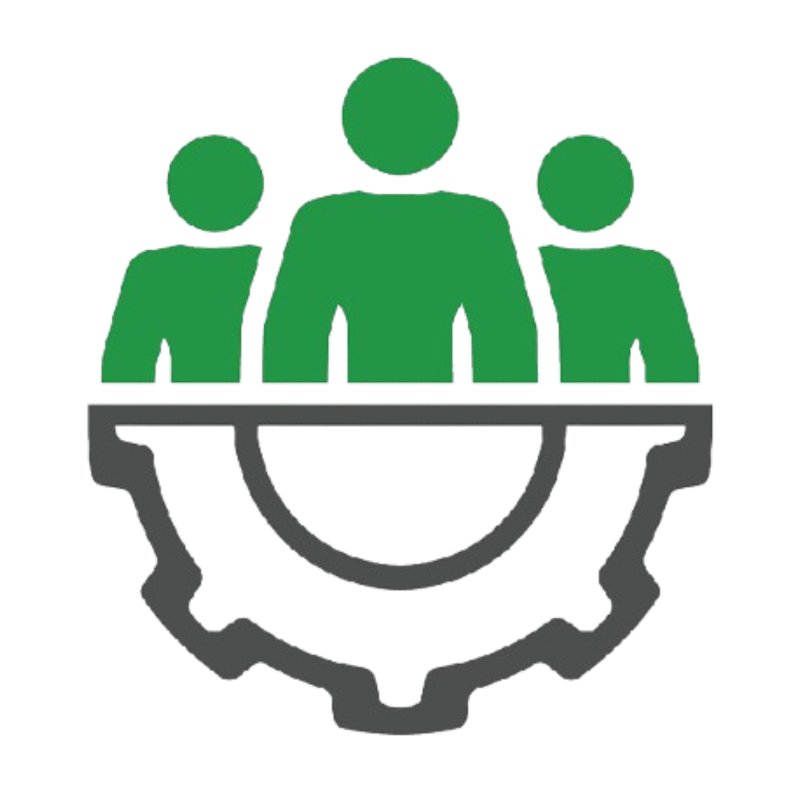 An icon showing a group of people above a gear icon to represent the group technical support provided.